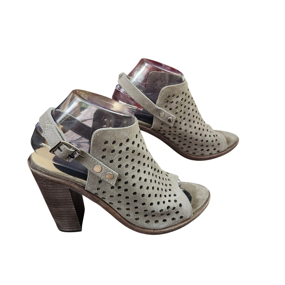 Rag & Bone Wyatt Taupe Suede Perforated Peep Toe Slingback Block Heel Sandals 39